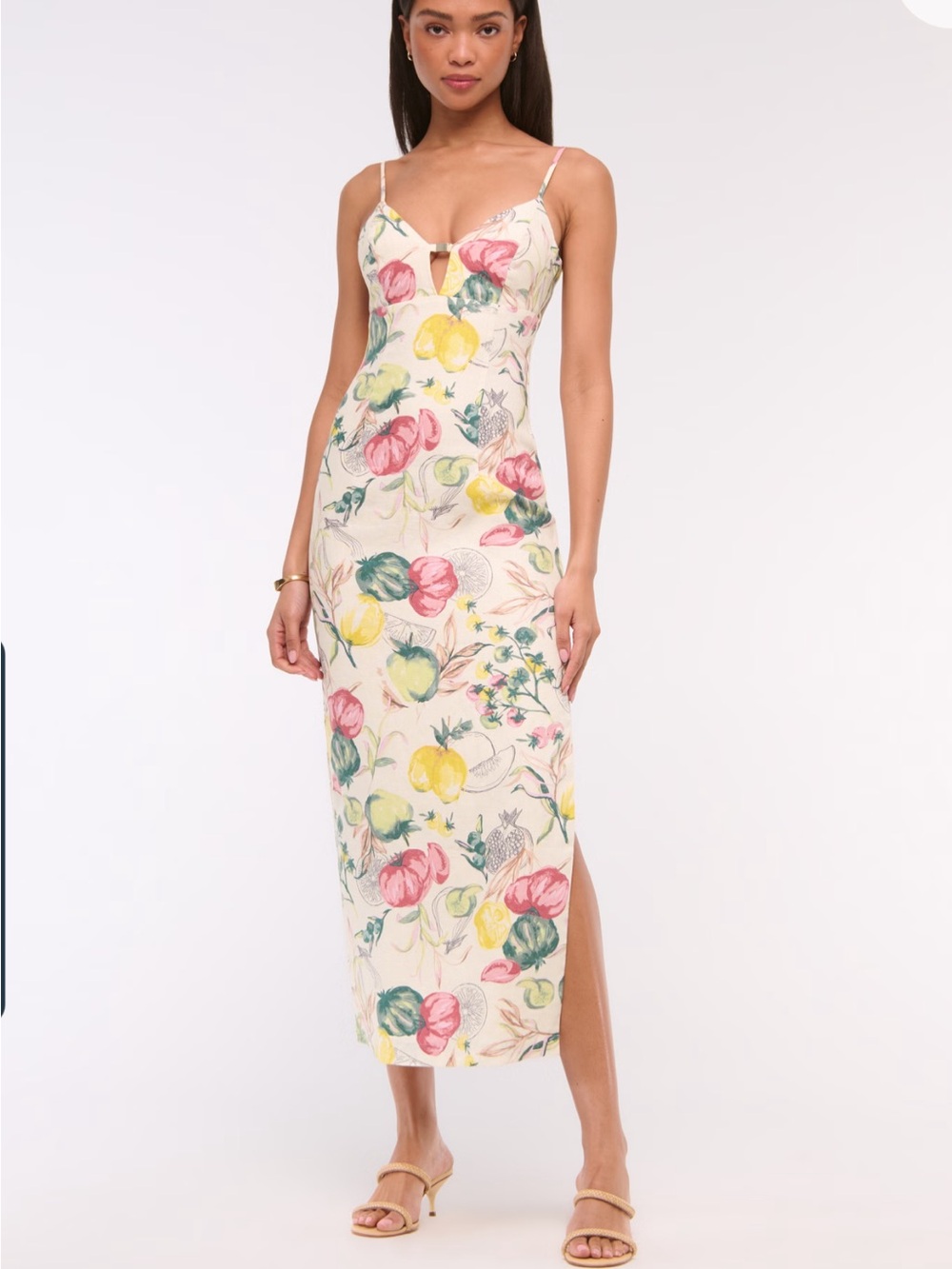 Abercrombie & Fitch Cream Floral Premium Linen Cutout Midi Dress